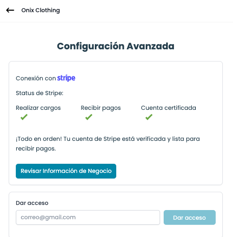 Stripe conectado y listo para recibir pagos