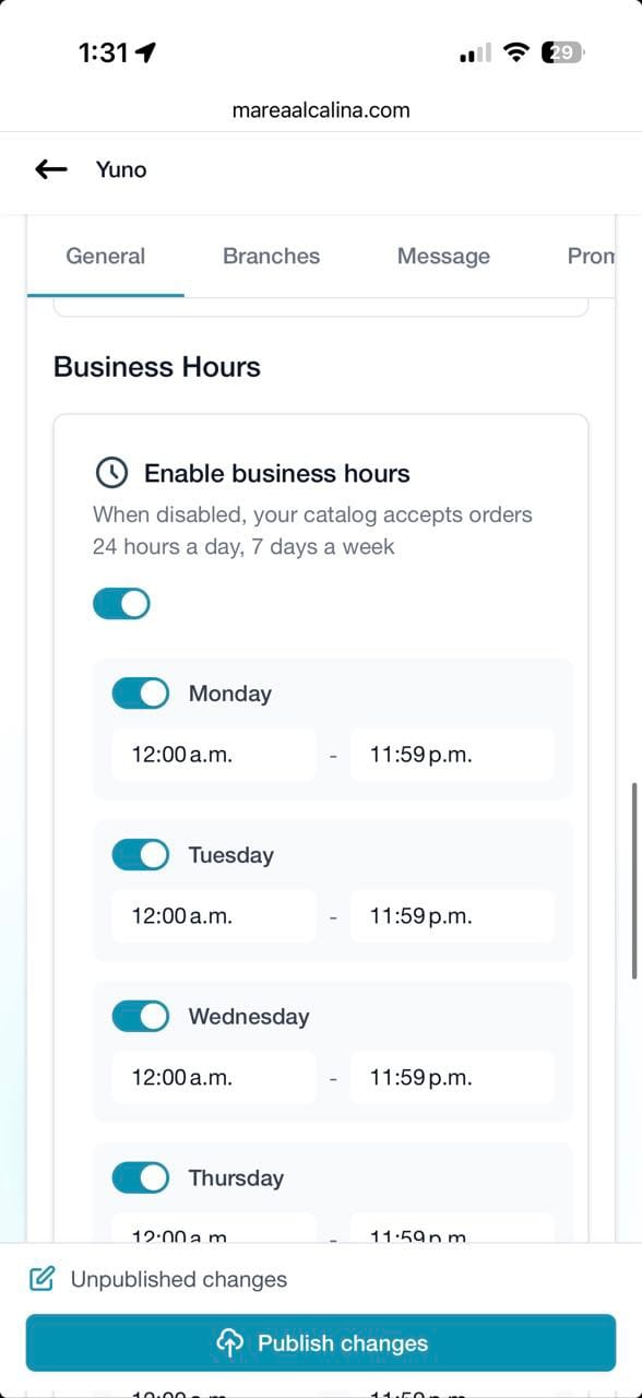 Horarios de operación activados — control automático de cuándo aceptar pedidos