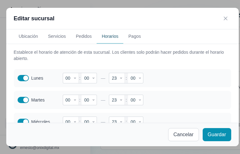 Horarios por sucursal — cada ubicación con su propio horario