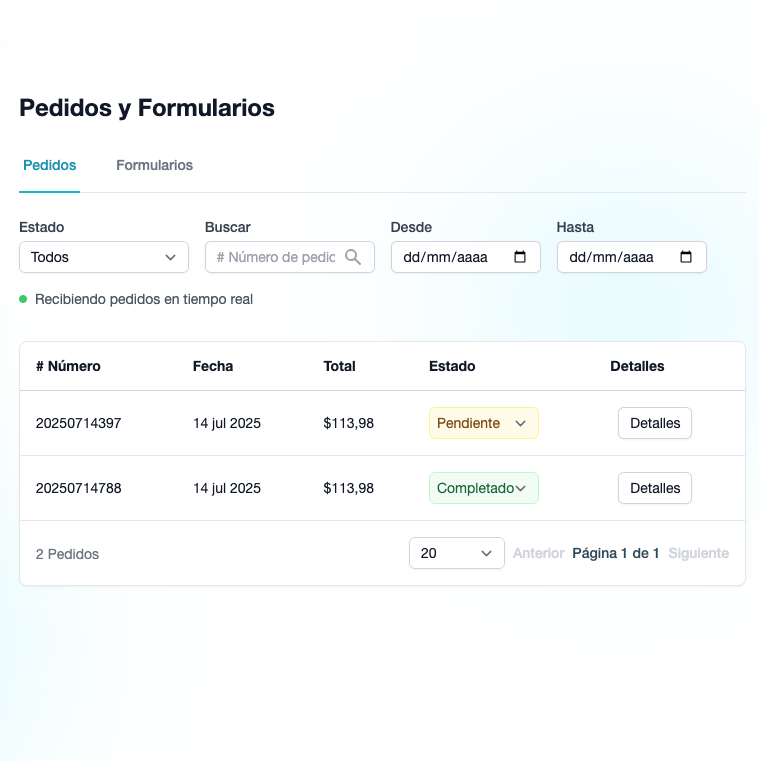 Panel de pedidos con estados y seguimiento