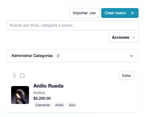 Panel de productos con botón Importar CSV