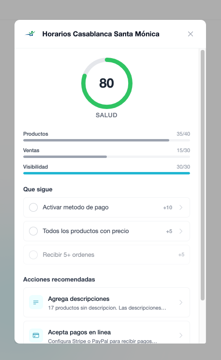 Score de Salud del catálogo — calificación 80 con métricas y checklist