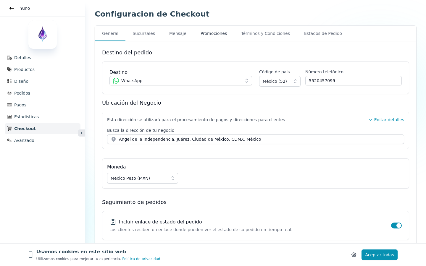 Configuración de checkout — destino del pedido, ubicación, moneda