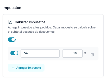 Configuración de impuestos — IVA 16% activado