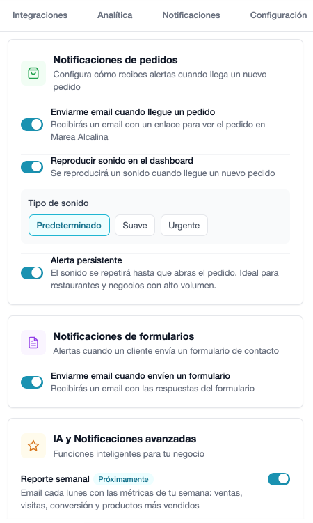 Panel de notificaciones — sonido global, modo restaurante, 3 tipos de alerta