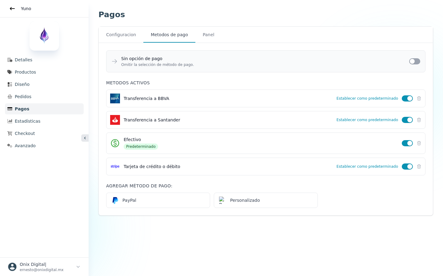 Métodos de pago configurables — BBVA, Santander, Efectivo, Stripe
