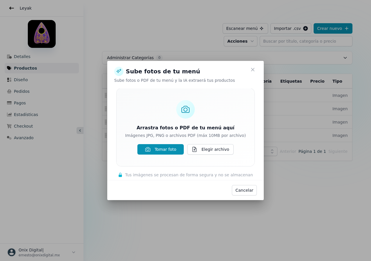 Modal de Escanear menú — sube fotos o PDF de tu menú físico