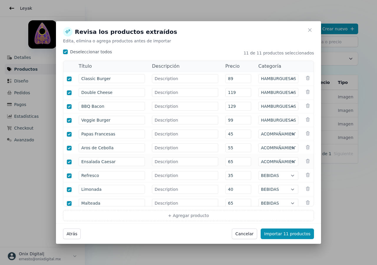 Tabla editable de productos extraídos — listos para importar