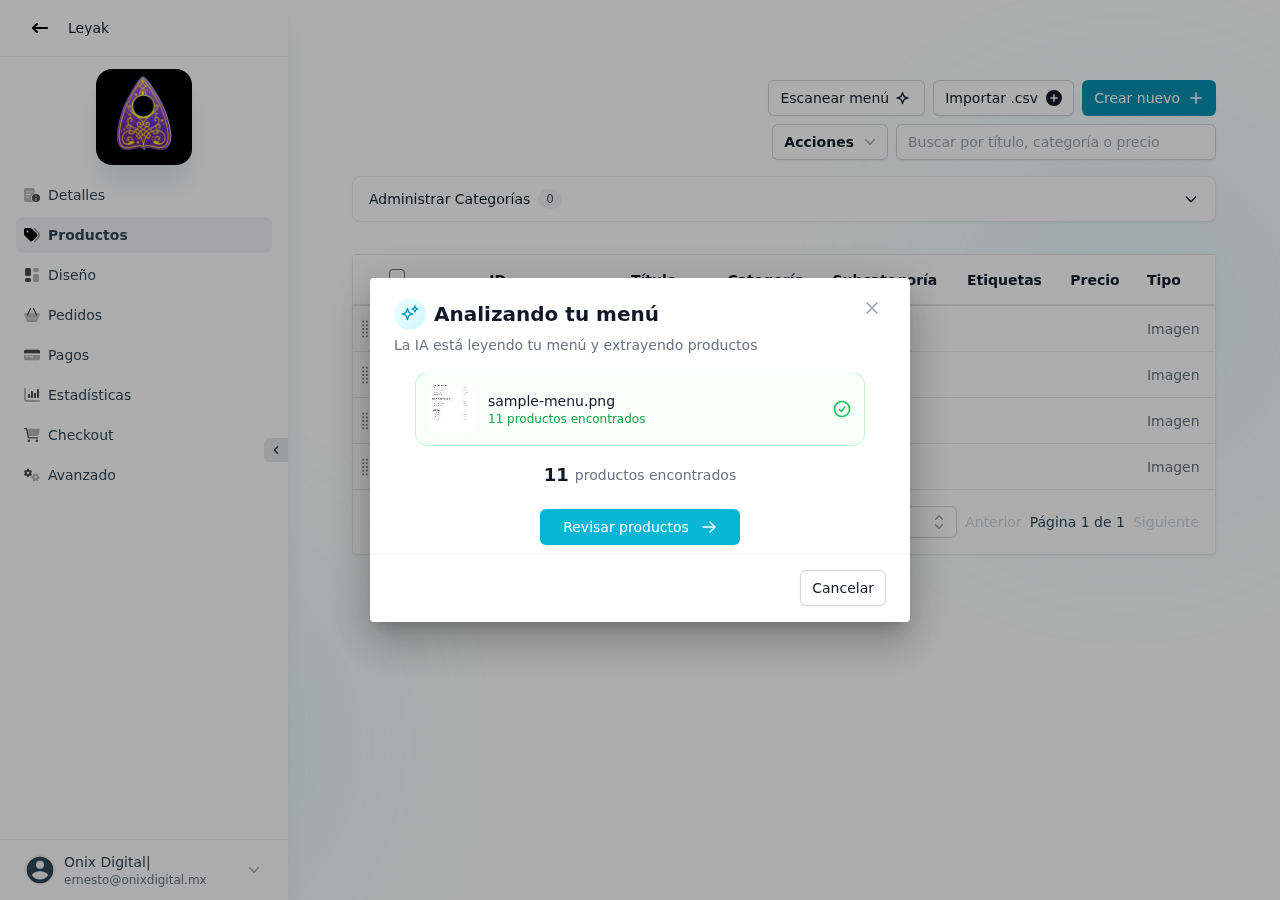 Análisis del menú — 11 productos detectados con check verde