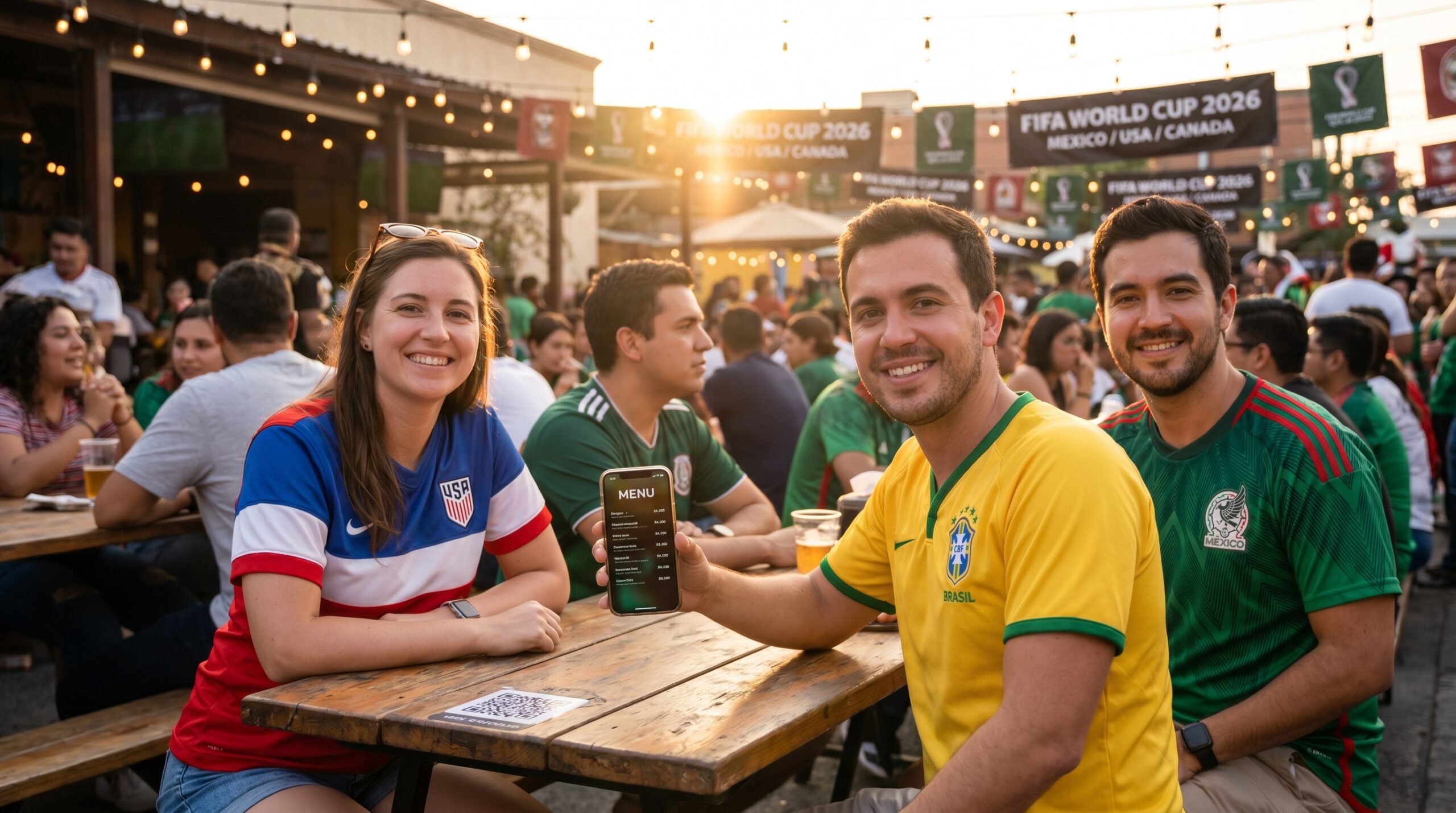 Turistas internacionales del Mundial FIFA 2026 escanean el QR de un menú digital en una fan zone en México