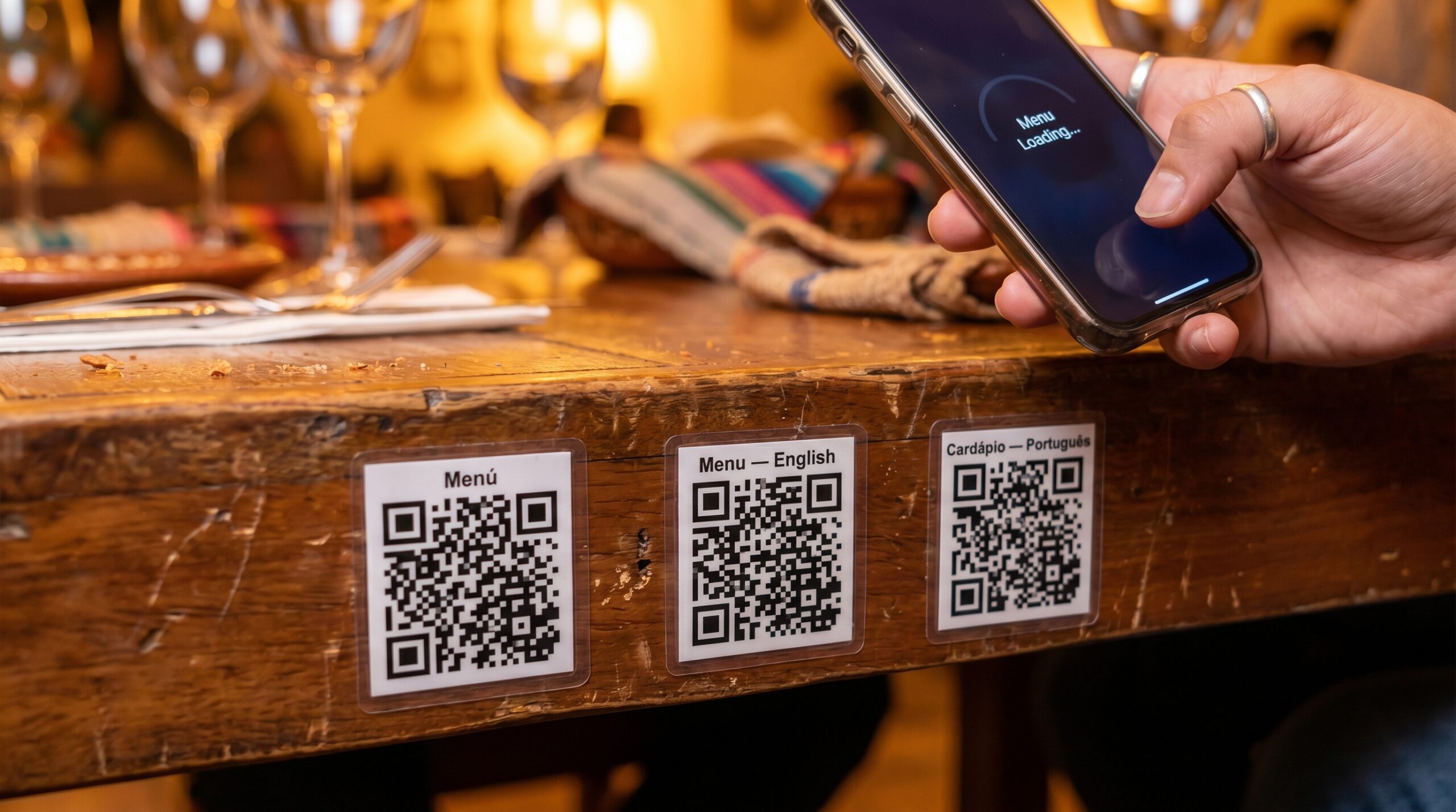 Tres stickers QR en una mesa de restaurante etiquetados Menú, Menu English y Cardápio Português; un turista escanea uno con su celular