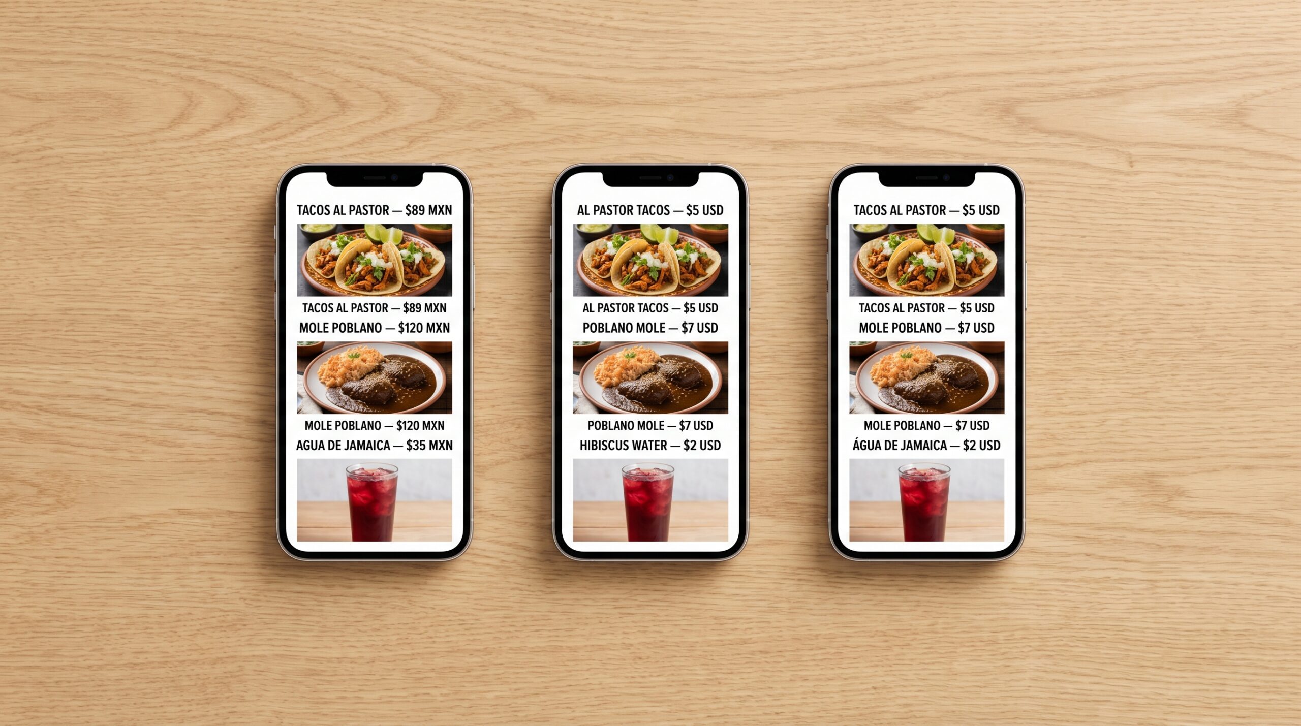 Tres catálogos paralelos del mismo restaurante en español con MXN, inglés con USD y portugués con USD